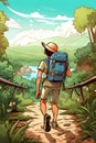 Man with backpack is walking on path through the jungles. Generative AI