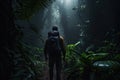 Man with backpack walking in the rainforest. Travel and adventure concept, Male Hiker walking through a dense dark jungle, rear
