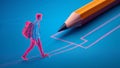 Man walking towards a pencildrawn path on blue background Royalty Free Stock Photo