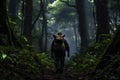 Man with backpack walking on the trail in the rainforest of Hawaii, A male hiker navigating through a dense and dark jungle,