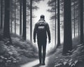 man with backpack walking on trail in the woods generative AI illustration Royalty Free Stock Photo