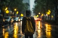 a man with a backpack walks along an evening road in the rain generative ai Royalty Free Stock Photo