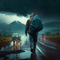 A man with a backpack walks along the road in the rain. AI generated Royalty Free Stock Photo