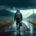 A man with a backpack walks along the road in the rain. Generative AI Royalty Free Stock Photo