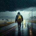 A man with a backpack walks along the road in the rain. Generative AI Royalty Free Stock Photo