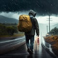 A man with a backpack walks along the road in the rain. Generative AI Royalty Free Stock Photo