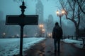 Man with a backpack walks along a snowy evening street in a big city