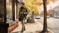 Watercolor Painting Of A Man Walking Down The Street