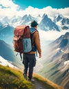 Man backpacker enjoying mountains landscape travel hike alone in outdoor adventure active healthy lifestyle weekend leisure tour