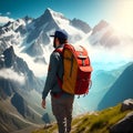 Man backpacker enjoying mountains landscape travel hike alone in outdoor adventure active healthy lifestyle weekend leisure tour