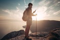 Man backpacker using smartphone relaxing on mountain Royalty Free Stock Photo