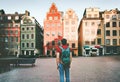 Man backpacker walking in Stockholm city travel Royalty Free Stock Photo