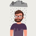 Man with bad mood under rain. Vector illustration in cartoon style