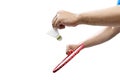 Man with badminton racket holding shuttlecock and ready in serve position Royalty Free Stock Photo