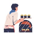 Man Baker in Apron Putting Dough in Hot Oven Vector Illustration Royalty Free Stock Photo