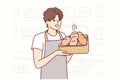 Man in apron baker holds tray of hot bread prepared for customers of supermarket. Vector image