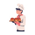 Man Baker in Toque Holding Hot Bread Loaf on Tray with Potholder Vector Illustration Royalty Free Stock Photo