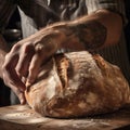 Man bakes prepares delicious appetizing bread, close-up,