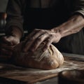 Man bakes prepares delicious appetizing bread, close-up,