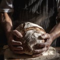 A man bakes prepares delicious appetizing bread, close-up,