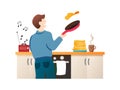 Man baking pancakes vector cartoon character. Guy making dinner isolated on white. Male chef cooking in kitchen vector