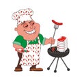 Man is baking sausages and meat cartoon illustration