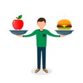 Man balances Fast food and apple healthy food on scales. Loss weight Diet nutrition  fitness and health concept. vector Royalty Free Stock Photo