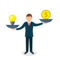 Man balances Light Bulb Idea vs Money on scales concept. Vector flat business illustration