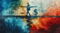 A man balancing a scale of justice and a dollar sign on a tightrope