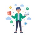 Man balancing symbols: representing technology, data, management, ideas, and cloud infrastructure, vector illustration Royalty Free Stock Photo