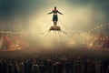 Man balancing on top of a large crowd of people in a circus, AI Generated Royalty Free Stock Photo