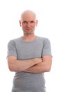 Man with bald head in gray shirt