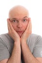 Man with bald head and thumb up is looking amazed in to the ca Royalty Free Stock Photo
