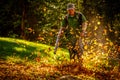 Man in ballcap using leafblower in hillside yard dappled with shade and sun - autumn leaves and grainy dust