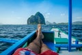 Man in banca, Inabuyatan island ahead, El, Nido, Palawan, Philippines Royalty Free Stock Photo