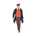 Man Bandit or Gangster of Old London Walking Wearing Overcoat and Peaked Flat Cap Vector Illustration Royalty Free Stock Photo