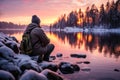 a man on the bank admires the winter river generative ai