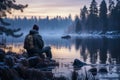 a man on the bank admires the winter river generative ai