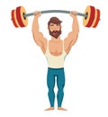 A man with a barbell over his head. bearded, muscular jock in jeans. Bodybuilding pose. vector illustration