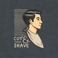 The man in the barber shop badge label. Hipster emblem for signboard Haircut of beard and cute shave. Engraved hand