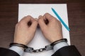 A man with bare hands in handcuffs sits at a table in front of a blank sheet of paper and a fountain pen. Concept: the detainee Royalty Free Stock Photo