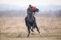 Man is bareback riding an adorned horse before an Epiphany celebration horse race