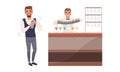 Man Bartender Standing at the Bar Counter Mixing and Shaking Alcoholic Cocktails Vector Illustration Set