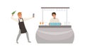 Man Bartender Standing at the Bar Counter Mixing and Shaking Alcoholic Cocktails Vector Illustration Set