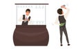 Man Bartender at Work Standing at the Bar Counter Shaking and Mixing Beverages Vector Illustration Set