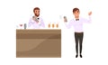 Man Bartender at Work Standing at the Bar Counter Shaking and Mixing Beverages Vector Illustration Set