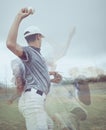 Man, baseball and double exposure, baseball player and sport, skill and ball, pitch on baseball field for game. Sports