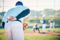 Man, baseball and pitcher ready to throw ball for game, match or victory shot on grass field at pitch. Male sports Royalty Free Stock Photo