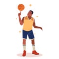 Man basketball player, spinning ball on his finger. Professional male athlete in shorts and t-shirt. Sportsman training