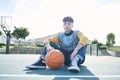 Man, basketball and training sitting on basketball court for rest, relax or breathe during practice. Basketball player Royalty Free Stock Photo